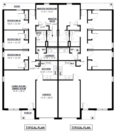 Floor plan for 4 beds, 2 baths, 1390 sqft